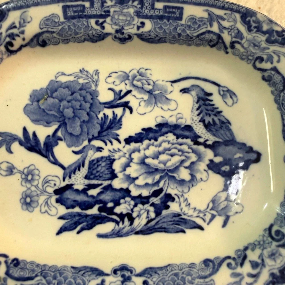 Antique Mason's Patent Ironstone Blue Chinoiserie Peacock Platter c1845 Cabinet